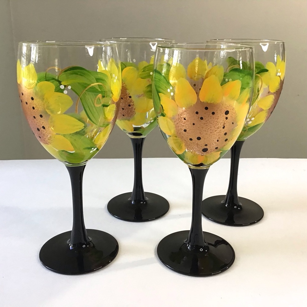 Sunflower Design Wine Glasses Set Of 4 Hand Painted Floral & Black Stemware